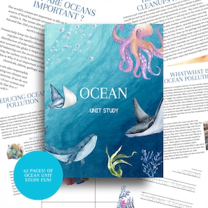 Peut inclure: Une illustration colorée d'un guide d'étude sur l'océan avec une baleine bleue, une pieuvre et une raie manta. Le texte "OCEAN UNIT STUDY" est au centre de la page. Le texte "62 PAGES! OF OCEAN UNIT STUDY FUN!" est dans un cercle en bas de la page.