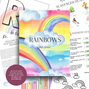 Op de afbeelding: Een kleurrijke regenboog-studie-eenheid met 39 leuke pagina's om alles te leren over regenbogen. De omslag toont een aquarel-illustratie van een regenboog met wolken. De tekst "RAINBOWS UNIT STUDY" is in zwart op een witte achtergrond gedrukt.