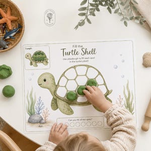 May include: An educational play mat with a turtle shell design. The mat has the text "Fill the Turtle Shell" and instructions to fill the spots with playdough. Green playdough is placed on the mat. The mat is on a white table.