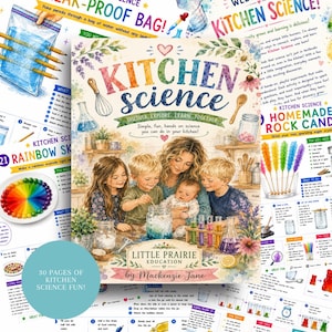 May include: An educational book titled "Kitchen Science" with illustrations of children and an adult conducting experiments. The book features experiments like making a rainbow explode and homemade rock candy. The cover includes the text "Discover, Explore, Learn Together."