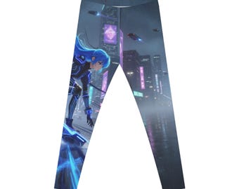 Cyberpunkowy neonowo-niebieski pejzaż miejski z legginsami jeźdźca z niebieskimi włosami | Futurystyczny AOP