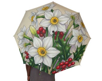 December Birthday Daffodils and Holly Umbrella | Floral Spring Bouquet Print