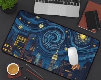 Sternenklare Nacht Stadtbild Schreibtischmatte, Van Gogh Style Skyline Mousepad