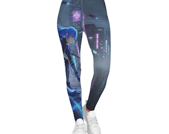 Cyberpunk neonblauw stadsgezicht met blauwharige rijderlegging | Futuristische AOP