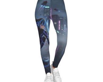 Cyberpunk Cityscape with Blue-Haired Rider Leggings | Futuristic AOP