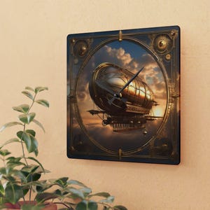 May include: Square wall clock with a steampunk airship design. The clock face features a detailed illustration of a golden airship against a sunset sky. The clock has a dark blue frame with gold accents and black clock hands.