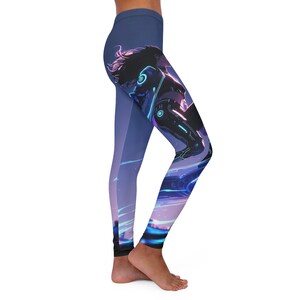 May include: Blue leggings featuring a futuristic digital art design. The artwork depicts a figure in a cybernetic suit with glowing blue and purple accents. The leggings have a high waist and a gradient color scheme.