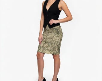 Falda lápiz floral vintage / Ilustración de amapolas e iris en sepia