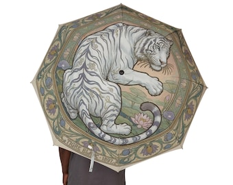White Tiger Art Umbrella, Vintage Floral Mandala Pattern