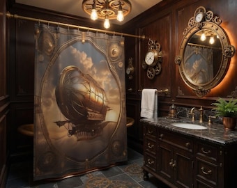 Airship, Steampunk, Vintage Shower Curtains