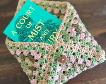 Crochet Book Sleeve - Granny Square Tablet Book Dust Sleeve Kindle Cover