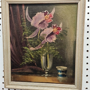 Vintage original French oil on canvas of a gorgeous still life painting of an arrangement of orchids in a vase. H 13.5&quot; x W 11&quot;.