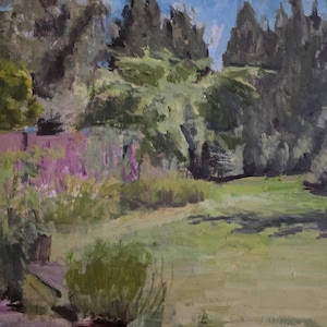 Vintage original oil on canvas of a lovely walled garden. W 24&quot; x H 20&quot;.