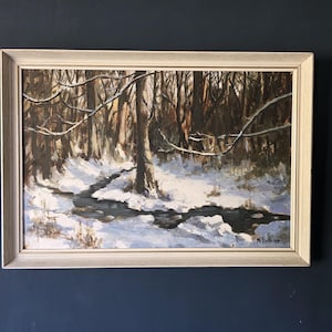 Vintage original oil on board of a winter woodland scene W 26&quot;x H 18&quot;.