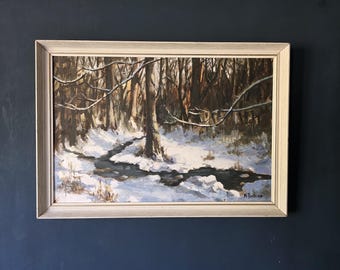 冬の森の風景を描いたヴィンテージオリジナル油絵（幅 26 インチ x 高
