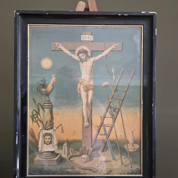 Vintage print of the crucification of Christ with symbolic religious references. H 19" x W 15".