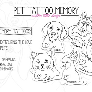 以下が含まれることがあります： 犬、猫、オウム、オウムのペットの肖像画を描いた白黒の線画コレクション。名前は筆記体で書かれています。テキストには、PET TATTOO MEMORY、custom tattoo design、MEMORY TATTOOS、IMMORTALIZING THE LOVE OF PETS、FULL OF MEANING、ETERNAL LOVE、FOND MEMORIESと書かれています。