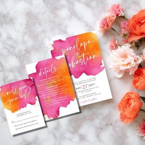 Helle rosa orange Hochzeitseinladung Bundle-Vorlage, druckbare Hot Pink Hochzeit einladen Set, Frühling Sommer Hochzeit, bearbeitbare Vorlage - 007