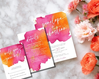 Puede incluir: Conjunto de invitaciones de boda con diseño de acuarela en rosa y naranja. El conjunto incluye una invitación, una tarjeta de detalles y una tarjeta de confirmación de asistencia. El texto dice "Penelope + Sebastian" y la fecha de la boda. Arreglo floral de flores rosas y naranjas.