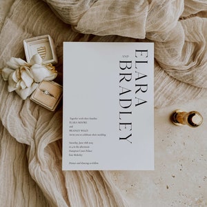 May include: Wedding invitation with a white background and black text. The invitation reads "Elara and Bradley" with the names stacked vertically. The invitation also includes the date, time, and location of the wedding.