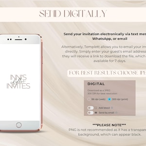 May include: A rose gold smartphone displays the "INN'S idyllic INVITES" logo. The image includes text about sending invitations digitally via text, WhatsApp, or email. It also mentions downloading as a JPEG for best results.