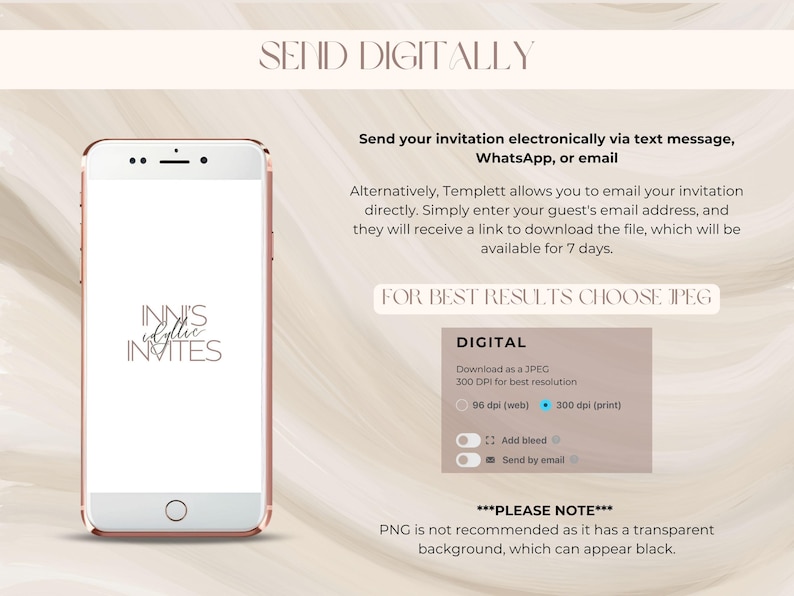 May include: A rose gold smartphone displays the "INN'S idyllic INVITES" logo. The image includes text about sending invitations digitally via text, WhatsApp, or email. It also mentions downloading as a JPEG for best results.