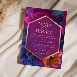 Invitación de boda floral en tonos joya, invitación en morado ciruela, boda de invierno, boda de otoño, plantillas editables, descarga instantánea - 012