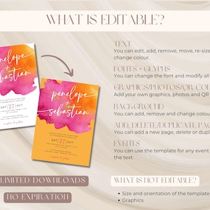 May include: Two wedding invitation templates with watercolor backgrounds in pink and orange, featuring the names "penelope + sebastian" in elegant script. The text includes "SAT 27 OCT" and details about the event. The image also lists what is editable.