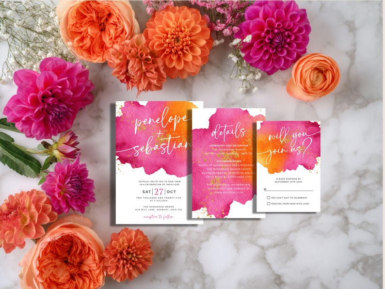 May include: Wedding invitation suite with watercolor design in shades of pink and orange. The invitation cards include the names "Penelope + Sebastian", details, and a response card. Floral arrangement of pink and orange flowers surrounds the cards.