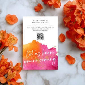 Hot Pink Hochzeitsantwortkarte, leuchtend rosa orange QR-Code-RSVP-Karte, mutige und lebendige Antwortkarte, Hochzeitsantwortkarte bearbeitbare Vorlage - 007