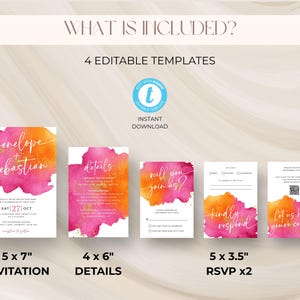 May include: A set of four editable wedding invitation templates. The templates include a 5x7 inch invitation, a 4x6 inch details card, and two 5x3.5 inch RSVP cards. Each card features a watercolor design in shades of pink and orange.