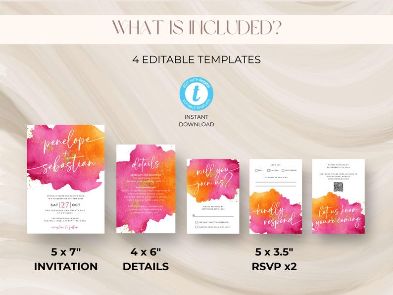 May include: A set of four editable wedding invitation templates. The templates include a 5x7 inch invitation, a 4x6 inch details card, and two 5x3.5 inch RSVP cards. Each card features a watercolor design in shades of pink and orange.