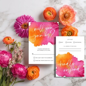 Carte RSVP orange rose vif, carte de réponse de mariage fuchsia, carte de RSVP audacieuse et vibrante, carte de réponse de mariage, modèle modifiable - 007