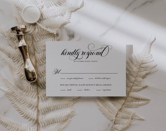 Tarjeta de respuesta con elección de comida, Tarjeta de respuesta, Tarjeta de respuesta, Tarjeta de respuesta de boda, Requisitos dietéticos, Tarjeta de elección de comida, Folleto de boda - 001