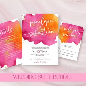 May include: A wedding suite bundle featuring three cards with watercolor backgrounds in shades of pink and orange. The invitation card includes the names "Penelope + Sebastian" and event details. The other cards say "details" and "will you join us?"