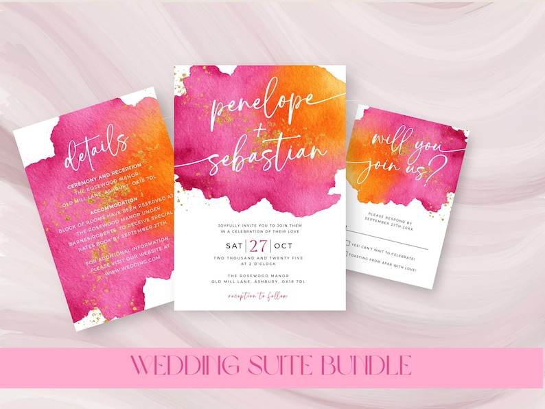 May include: A wedding suite bundle featuring three cards with watercolor backgrounds in shades of pink and orange. The invitation card includes the names "Penelope + Sebastian" and event details. The other cards say "details" and "will you join us?"