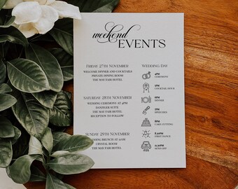 Printable Wedding Weekend Timeline, Wedding Order of Events Template, Wedding Weekend Events, Wedding Welcome Bag Note & Timeline - 001