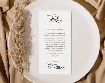 Configuração de local Obrigado, Nota de guardanapo de agradecimento, Cartão de agradecimento minimalista, Mesa de casamento, Obrigado para impressão, Modelo editável - 001
