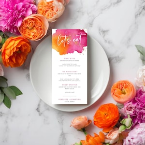 Menu de mariage rose vif, modèle de menu rose vif orange téléchargement immédiat, modèle de Menu de mariage, menu de mariage imprimable - 007