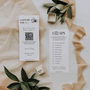 Biglietto di nozze con codice QR &quot;Cattura l&#39;amore&quot;, gioco &quot;I Spy Wedding&quot;, cartello con codice QR &quot;Condividi l&#39;amore&quot;, modello modificabile con codice QR per la condivisione di foto di nozze - 005