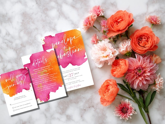 Bright Pink Orange Wedding Invitation Bundle Template, Printable Hot Pink Wedding Invite Set, Spring Summer Wedding, Editable Template - 007