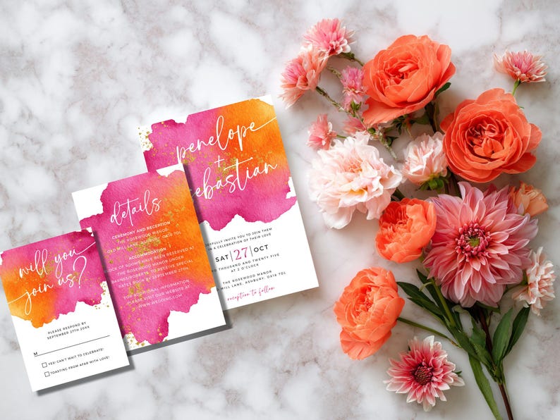 May include: Wedding invitation suite with watercolor design in pink and orange. The suite includes an invitation, details card, and RSVP card. The text reads "Penelope + Sebastian" and the wedding date. Floral arrangement of pink and orange flowers.
