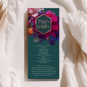 May include: A wedding program with a dark teal background, featuring the names "Tania & Harry" in gold within a hexagon frame. The program includes the order of service and special thanks, with a floral arrangement of pink, purple, and orange flowers.