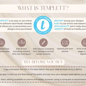 May include: Informational graphic with the text "WHAT IS TEMPLETT?" and details about an online editor. Features include instant downloads, text editing, color adjustments, photo uploads, and print options. The graphic is in shades of beige and brown.
