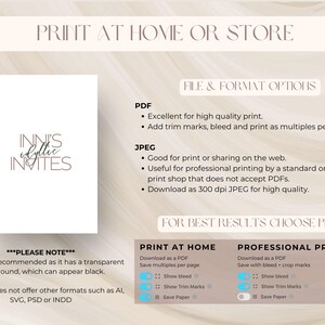 May include: A graphic with the text "PRINT AT HOME OR STORE" and "INNI'S idyllic INVITES." It details PDF and JPEG file format options for printing, with notes on print quality and best results. Includes a note about PNG files.