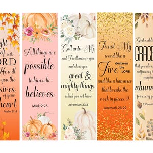 May include: Set of five rectangular bookmarks with autumn-themed designs. Each bookmark features a different background color, floral and pumpkin illustrations, and inspirational quotes from the Bible. The text includes verses from Psalms, Mark, Jeremiah, and 2 Corinthians.