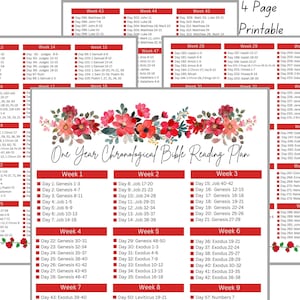 May include: A printable, four-page Bible reading plan with a floral design. The plan is organized by week and day, with each day listing a specific book and chapter to read. The title of the plan is "One Year Chronological Bible Reading Plan".