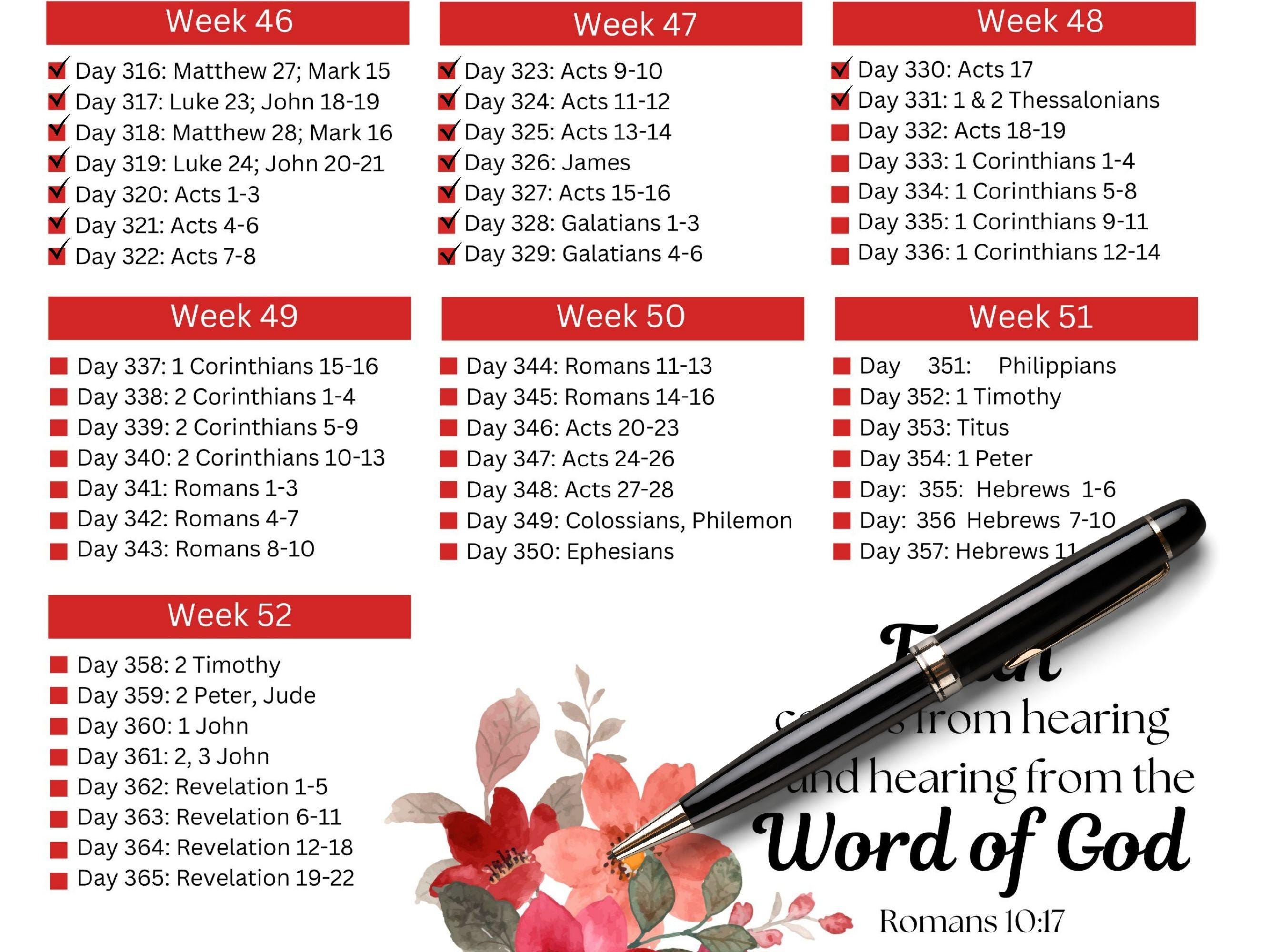 One Year Bible Reading Checklist Printable Bible Plan Chronological 52 ...