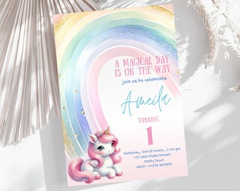 Invito di compleanno modificabile a tema unicorno, invito per una festa magica (download immediato)