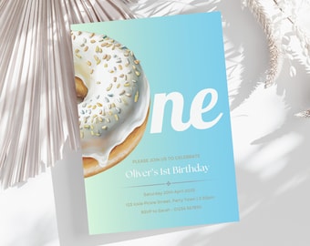 Invito di compleanno modificabile a forma di ciambella, Sweet ONE, primo compleanno di un bambino (download immediato)
